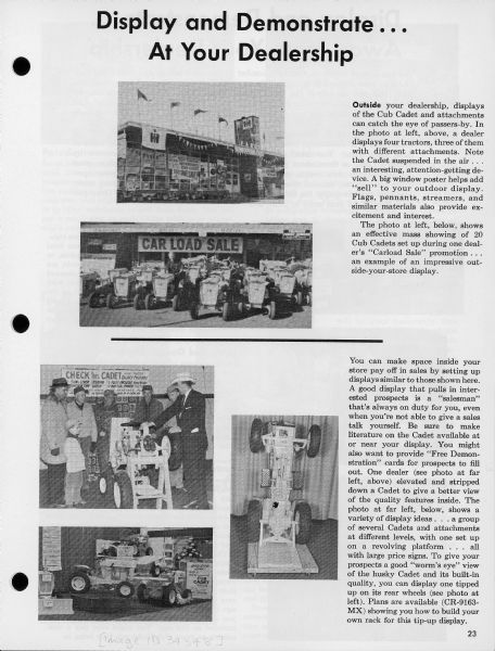 Suggestions for dealers on how to display and demonstrate the International Cub Cadet at their dealerships. Includes both outside and inside display ideas. Page 23 of a brochure entitled "International Cub Cadet: Merchandising for Profit Guide."