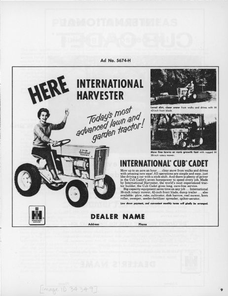 Advertisement for the International Cub Cadet tractor that reads: "Today's most advanced lawn and garden tractor!"