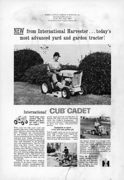 Advertisement for the original International Cub Cadet yard and garden tractor.