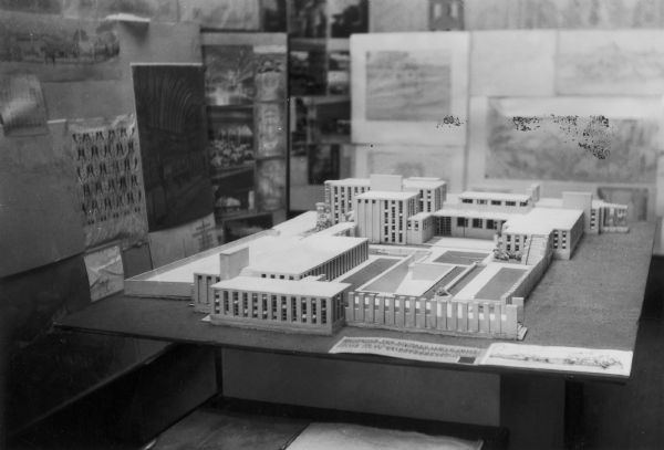 Model of the Richard Lloyd Jones residence on display as part of the  exhibit of the works of Frank Lloyd Wright at the Layton Art Gallery in Milwaukee.  The exhibited later toured the United States during 1930 and 1931.  Numerous drawings are on display behind the model.