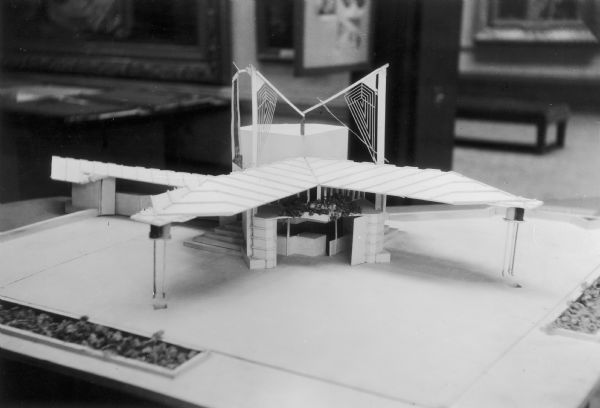 Model of a gas station from an exhibit of the works of Frank Lloyd Wright at the Layton Art Gallery in Milwaukee, which toured the United States between 1930 and 1931.
