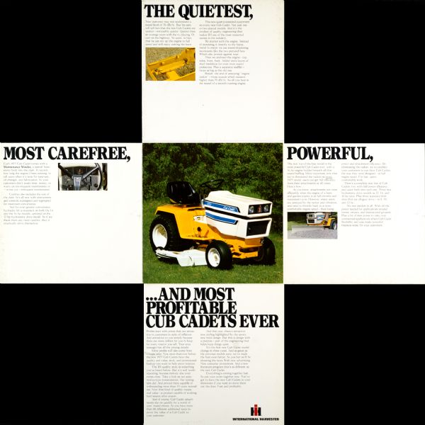 Inside section of a foldout brochure advertising the International Cub Cadet. Descriptions of the desirable aspects of the Cub Cadet surround a central color photograph of the machine.