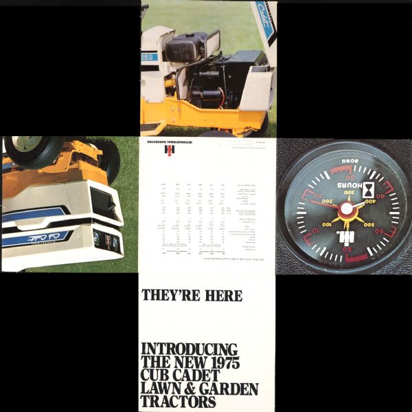 Foldout brochure advertising the International Cub Cadet lawn and garden tractor. Includes close-up color photographs of the machine, and a list of specifications.