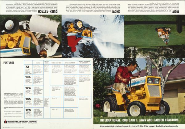 Back of a brochure that unfolds into a poster, advertising the International Cub Cadet lawn and garden tractor.  Features several color photos of the Cub Cadet being used to mow and plow snow, and a list of features by model.
