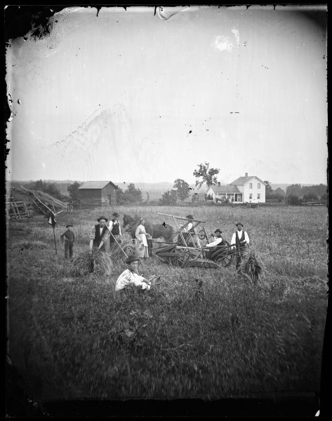 A crew of farm laborers take a break from harvesting wheat while a young woman offers food and drinks. They are posed in front of a reaper with the family farmstead in the background. In the foreground, a horse and people, mostly men, stand in a field harvesting grain near a reaper. A boy stands near a flag. In the background is a wooden structure, possibly for storage, an upright and wing frame house, a split-rail fence, horse-drawn vehicles and more people.