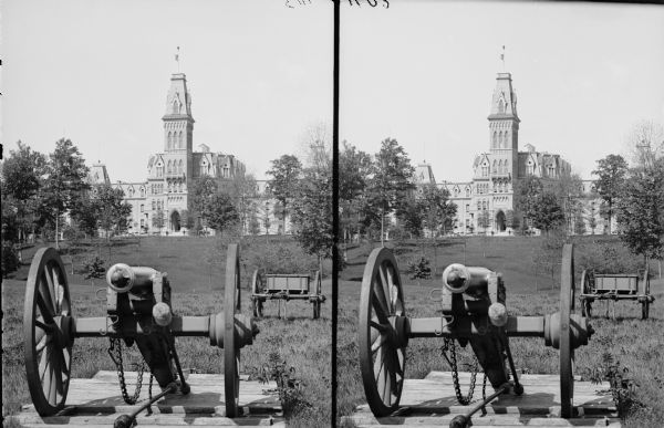 Exterior view of the Soldiers Home with a cannon in the foreground.