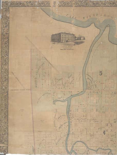 Quarter section of a map of the city of Fond du Lac featuring an illustration of the Lewis House.
