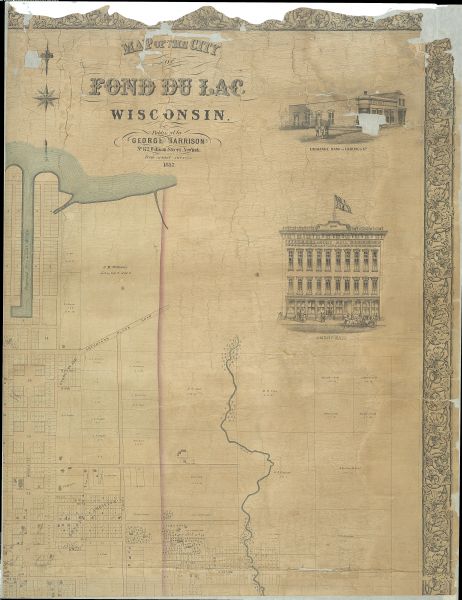 A quarter section of a map of the city of Fond du Lac. This section features an illustration of Amory Hall and the Exchange Bank of Darling & Co.