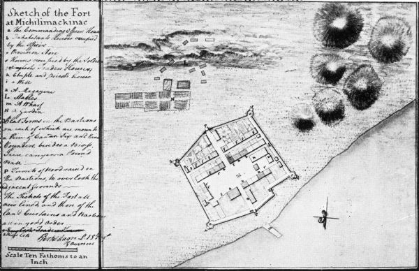 Sketch of the Fort at Michilimackinac (also called Mackinac) as it was under French rule.