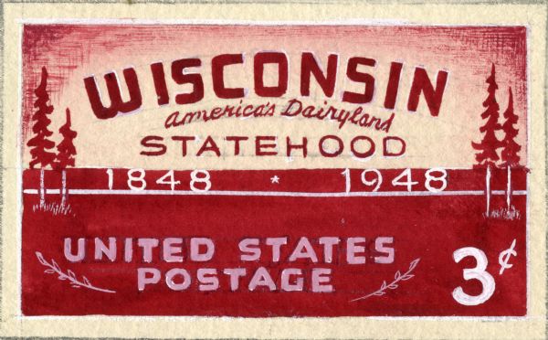 A red Wisconsin themed stamp design.