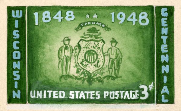 A green Wisconsin flag themed stamp design.
