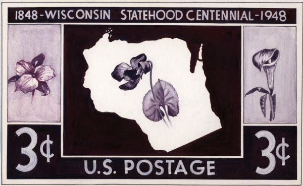 Design for a Wisconsin Centennial 3 cent postage stamp featuring a wood violet, which is the state flower, as well as a jack-in-the-pulpit and a trillium.