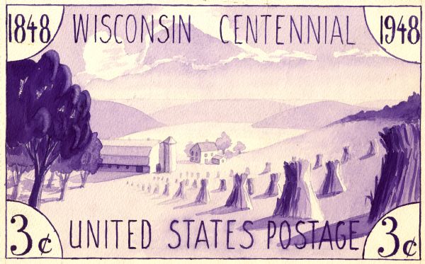 Design in purple for the Wisconsin Centennial 3 cent postage stamp. There is a farming theme, with stacks of grain and a barn.