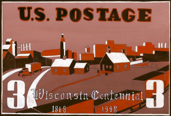 Design in shades of red for 3 cent Wisconsin Centennial postage stamp with farming and industry theme.