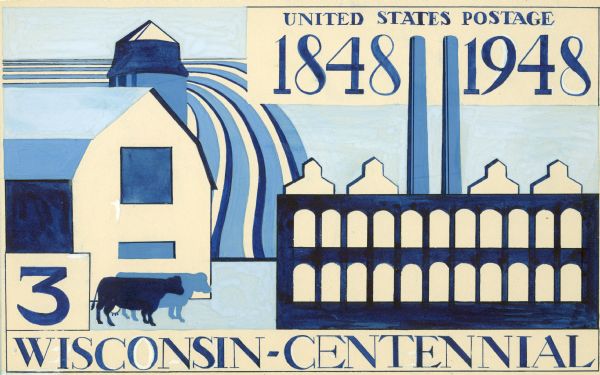 Design in blue art deco style for the Wisconsin Centennial 3 cent postage stamp.