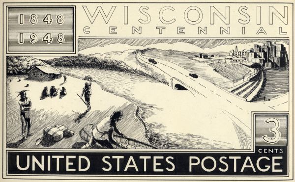 Design for Wisconsin Centennial 3 cent postage stamp with an agriculture and industries theme.