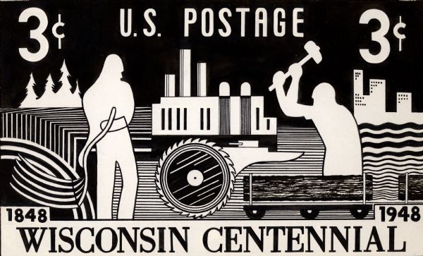 Design in black and white for the Wisconsin Centennial 3 cent postage stamp with an industrial theme.