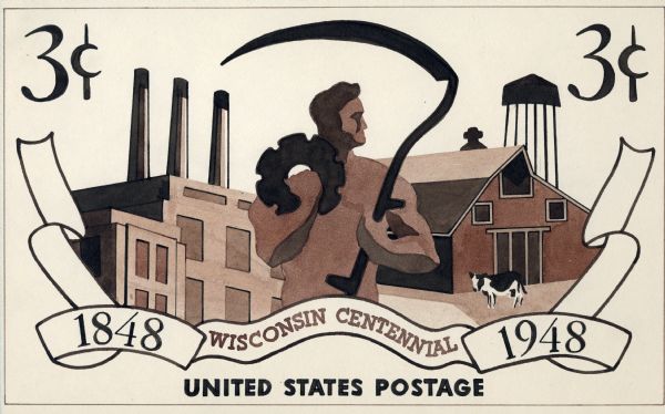 Design in brown for Wisconsin Centennial 3 cent postage stamp.