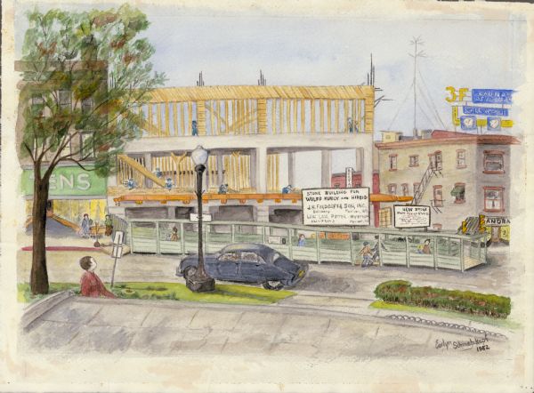 Watercolor painting of a Wolff-Kubly & Hirsig building (the site of the current Wisconsin Historical Museum) under construction.