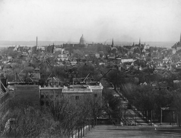 View from Bascom Hill toward the Wisconsin State Capitol showing the Wisconsin Historical Society under construction.