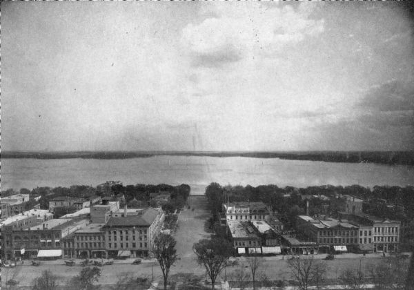 Elevated view of Madison featuring Monona Avenue (Martin Luther King, Jr. Boulevard as of January 19, 1987) and Lake Monona.