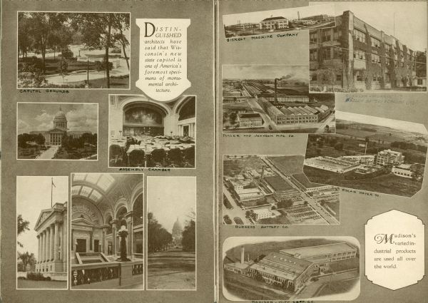 Photograph composite of Madison businesses including Gisholt Machine Company, French Battery and Carbon, Fuller & Johnson MFG., Oscar Mayer, Burgess Battery Company, and Madison Kipp Corporation.