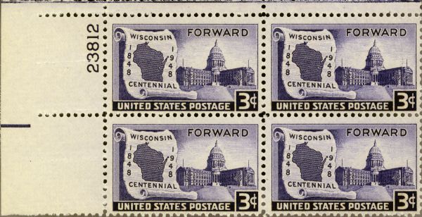 Wisonsin Centennial Commemorative three cent stamp issued May 29, 1948. The stamp was designed by Victor McCloskey of the US Postal Service.