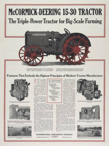 Advertising poster for McCormick-Deering 15-30 Tractors. The advertisement shows the tractor and some of the parts that "Embody the Highest Principles of Modern Tractor Manufacture." Includes a color illustration of a tractor.