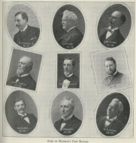 Composite of nine portraits of Madison's past Mayors including Spooner, Pinney, Alford, Conklin, Proudfit, Bashford, Dye, Gregory, and Doyon.
