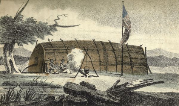 Drawing of a Chippewa (Ojibwa) Indian lodge with an American flag flying outside of it.