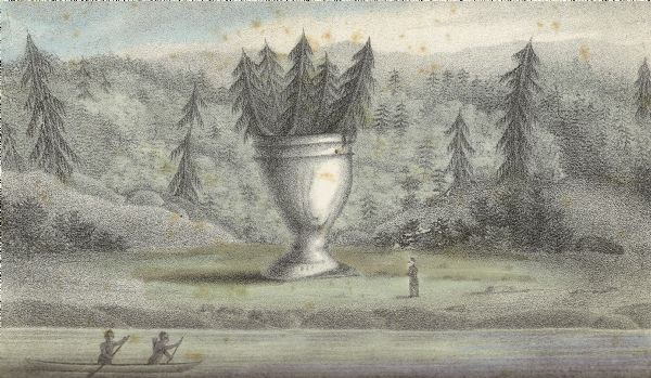 Artists depiction of a natural rock formation called "The Urn," which is 17 feet tall with another 10 feet of trees growing on top of the formation.