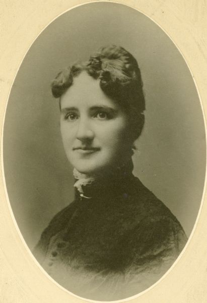 Studio portrait of Emily Allen Wheeler. She was married to Josiah Leonard and was the second daughter of Leonard H. Wheeler.