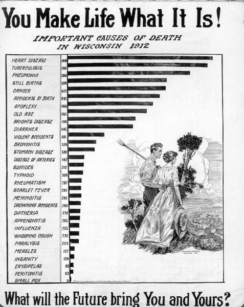 Illustration of a chart listing "important causes of death in Wisconsin". Extra text reads "You Make Life What It Is!" and "What will the Future bring You and Yours?".