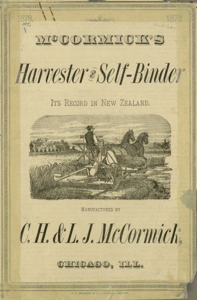 Front cover of a catalog for McCormick's Harvester and Self-Binder, featuring a drawing of a binder at work in the field.