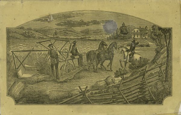 Back cover of an 1859 catalog advertising McCormick's Reaping and Mowing Machines.  Features a drawing of an original McCormick reaper being used to harvest a field of grain under the supervision of a man on a horse.  This early design required a man to stand on the machine and rake the grain off the platform.