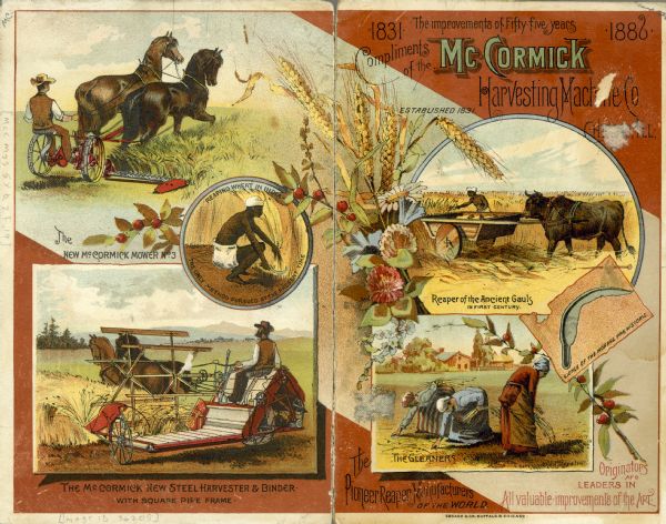 Front of a card advertising the McCormick Harvesting Machine Company. Illustrations show "primitive" harvesting methods alongside a McCormick binder and a McCormick mower. The bottom texxt reads: "The Pioneer Reaper Manufacturers of the World. Originators and Leaders in All Valuable Improvements of the Art."