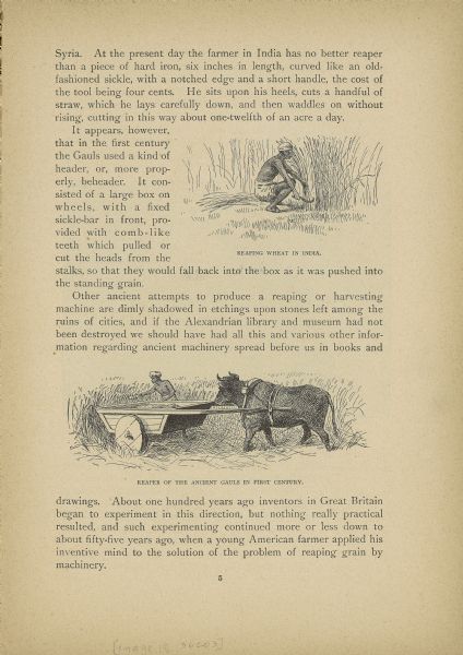 Page from an 1886 McCormick Harvesting Machine Company catalog showing early harvesting technology. One drawing depicts a farmer in India harvesting grain with a sickle. The other shows an ancient Gaul "header" machine.