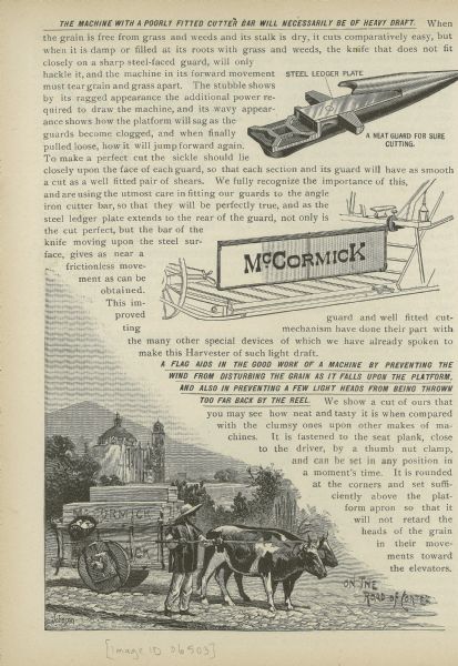 Page from a McCormick Harvesting Machine Company catalog. The page features two illustrations of parts of the McCormick binder, and an illustration of a Mexican farmer with an oxcart full of boxes that say McCormick on the side. This drawings is titled: "On the road with Cortez."