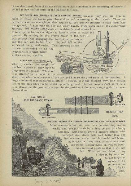 Page from a McCormick Harvesting Machine Company catalog. The page includes two illustrations of features of the McCormick mower and an illustration titled: "South Africa." This drawing features a racist depiction of Africans lurking in the reeds while pith-helmet-clad Europeans escort a wagon carrying boxes labeled "McCormick."
