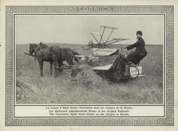 Russian man in a fur hat harvesting grain with a McCormick binder. The image is from a McCormick Harvesting Machine Company catalog titled "100 Harvest Scenes All Around the World." The caption reads: "The McCormick Right Hand Binder on the Steppes in Russia," in English, French, and German.