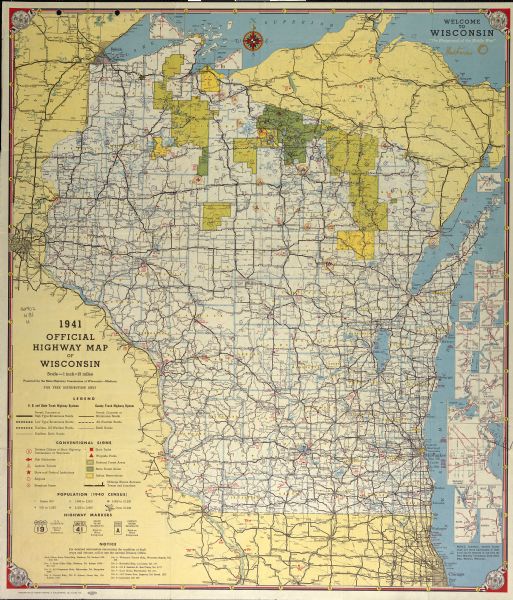 Official highway map of Wisconsin, "the playground of the Midwest," showing the state transportation network prior to World War II.