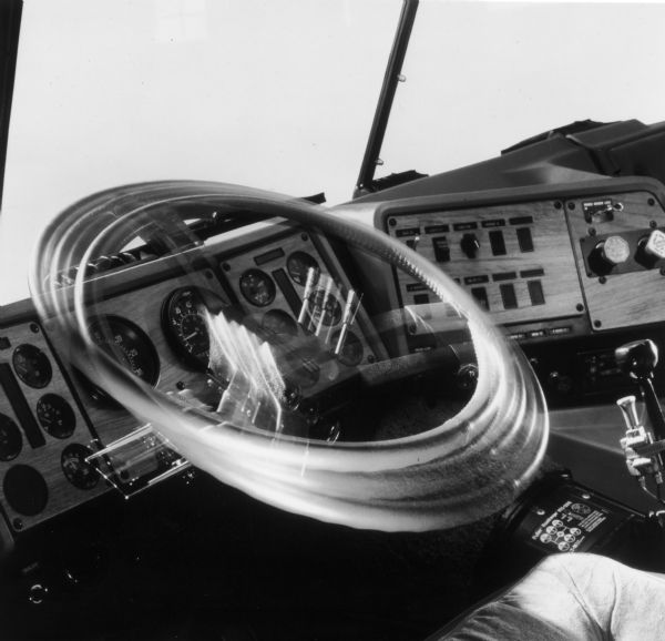 View demonstrating the range of movement of the adjustable steering wheel of an International Transtar Eagle semi tractor.
