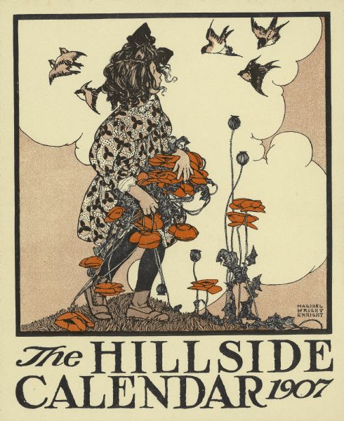 Cover illustration for the Hillside Calendar depicting a girl with birds and flowers.