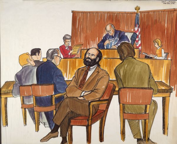 Artist's courtroom depiction of Karlton Armstrong. He is sitting with his arms folded and legs crossed, with the judge visible in the background.