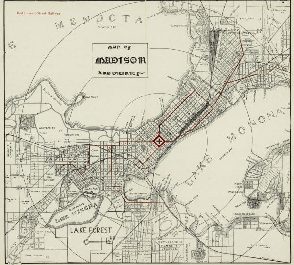 A map of Madison and the vicinity. Red lines show the street railway.