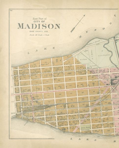 Left half of a plat map of the "East Part of the city of Madison".