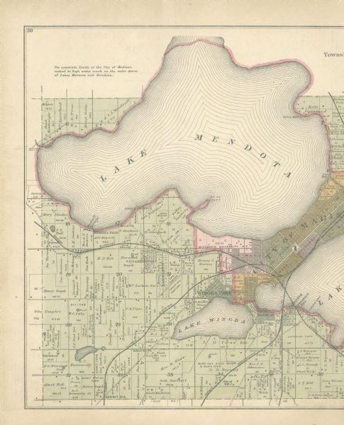 Portion of a plat map of Madison featuring Lake Mendota.