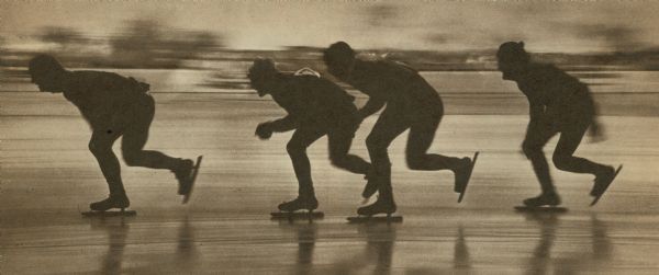 Silhouetted in the dusk, skaters raced for the two mile title in the Great lakes championships at Eckel Park, West Allis. Verner Kappes, of West Allis, led the pack, trailed by Bob Hilber, Wausau: Dick Wellbank, Chicago, and Jim Campbell, Glen Ellyn, Illinois. Ken Baartholomow, Minneapolis, still further behind skaters shown, came from behind to win.