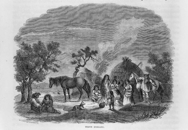 Engraving of Tejon Indians in an encampment.