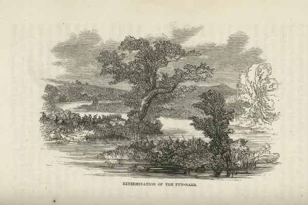 Illustration of an area with water and trees showing men hiding in the brush.